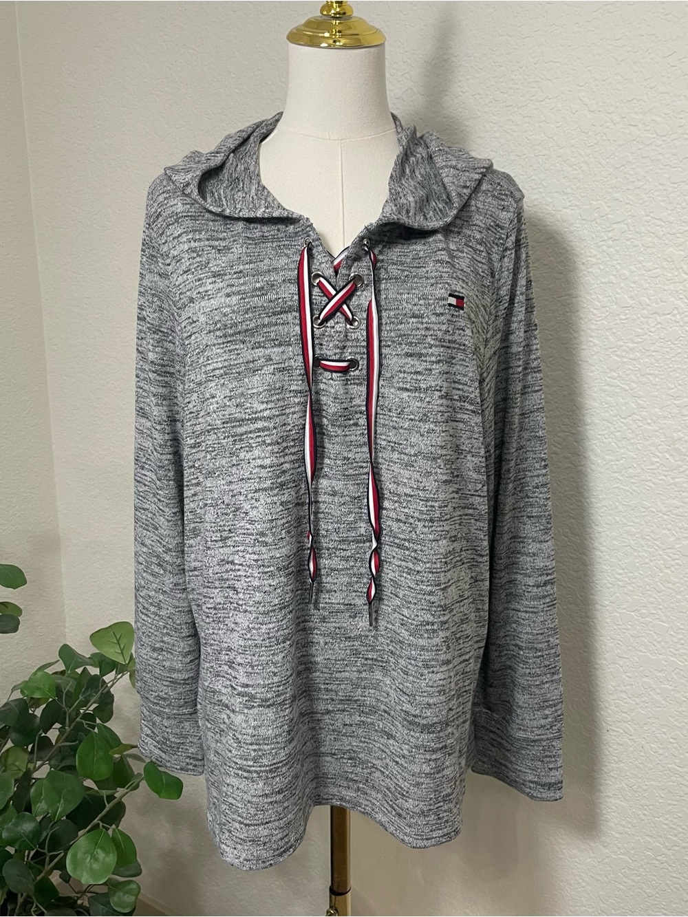 Tommy Hilfiger Lace-Up Hooded Tunic Sweatshirt Gray Marled Women’s XL